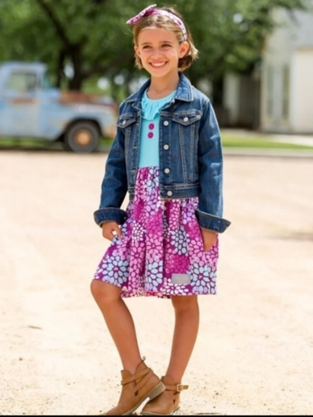 Eleanor Rose Girls Cotton Spandex Blue Purple Floral Ruffle Twirl Dress Size 5-6